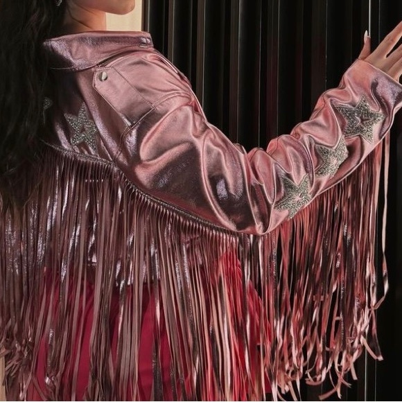 KELSEY RANDALL X Revolve NEW Senne Fringe Jacket Stars Rhinestone Rose Quartz XS - Picture 8 of 16